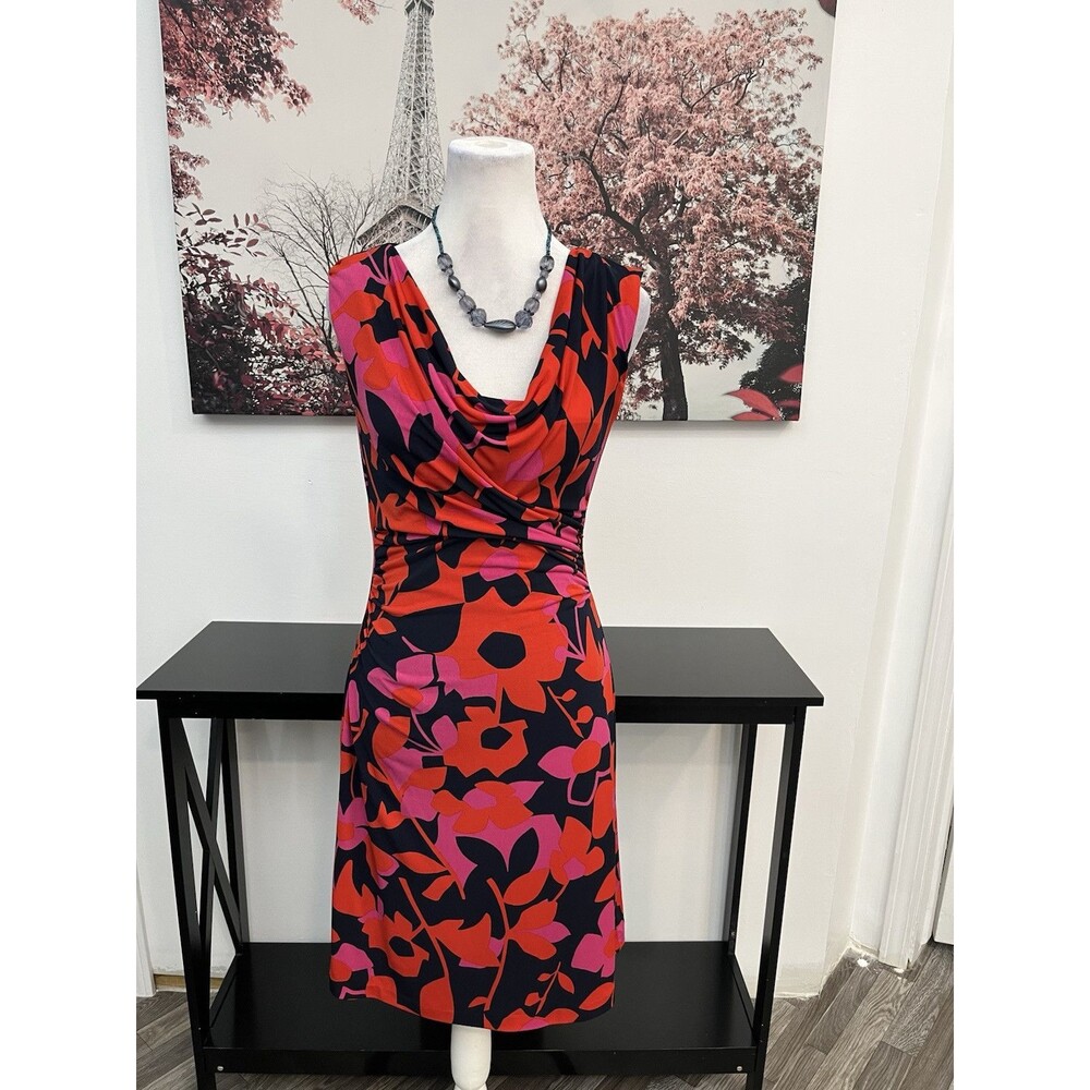 Vince Camuto Floral Sheath Dress Womens XS Cowl Neck Sleeveless Ruched Navy Red